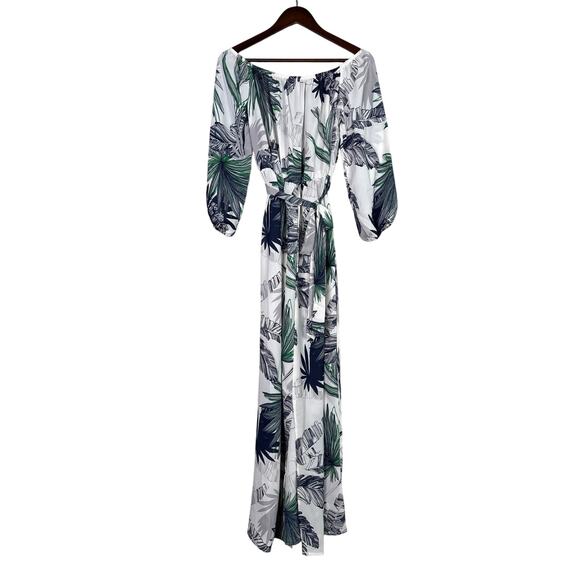 NEW Boho Tropical Palm Print Off Shoulder Maxi Dress 3/4 Sleeve TieWaist L White - Picture 14 of 15